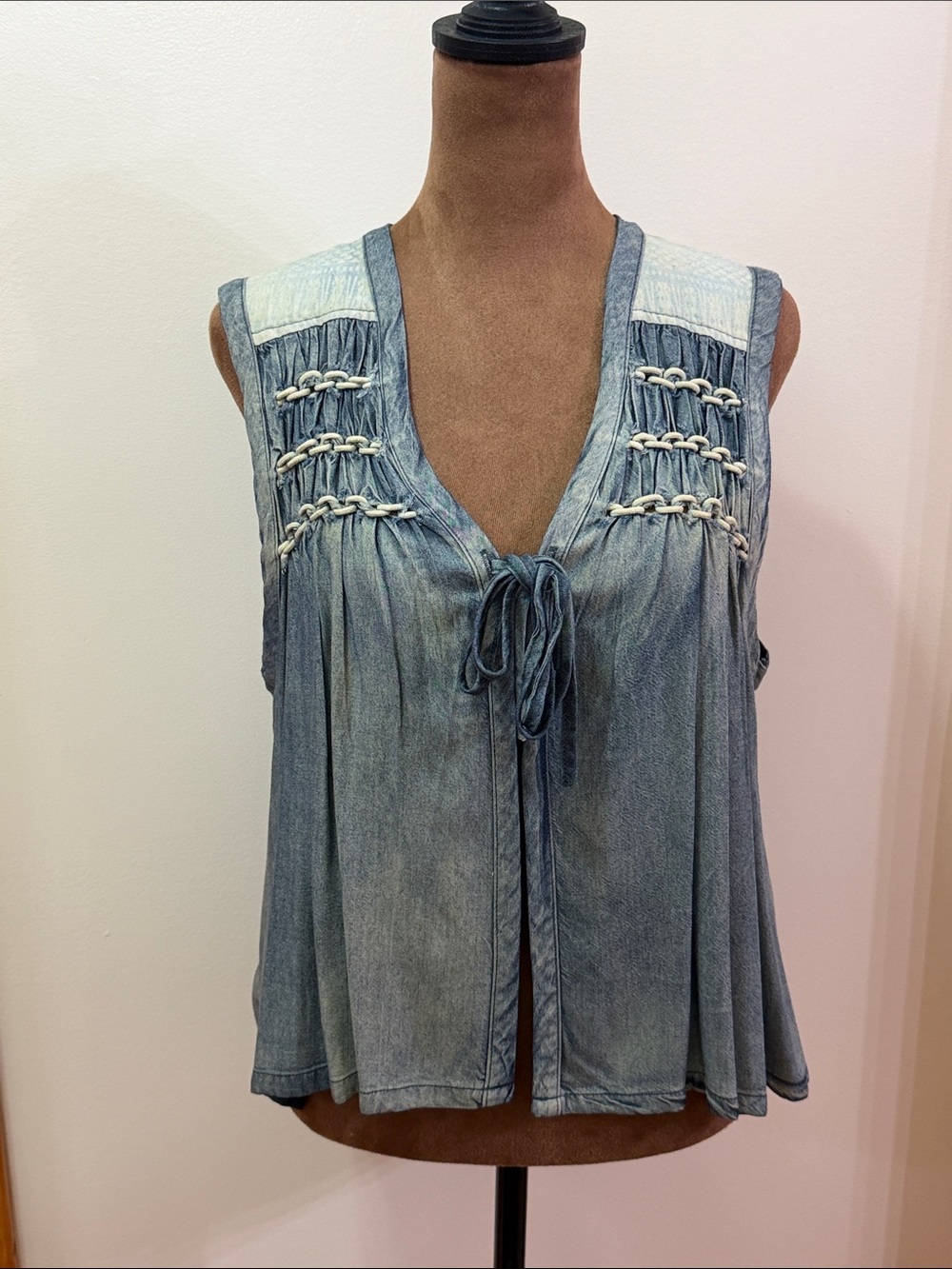 Miss Me Light Blue Denim Boho Sleeveless Tie-Front Tank with Braided Detail NWOT